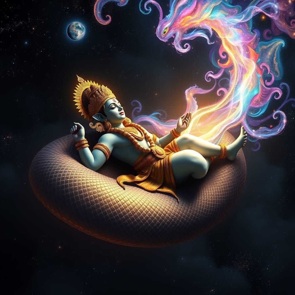Lord Vishnu sleeps on Shesha, the cosmic serpent. Medium sho...