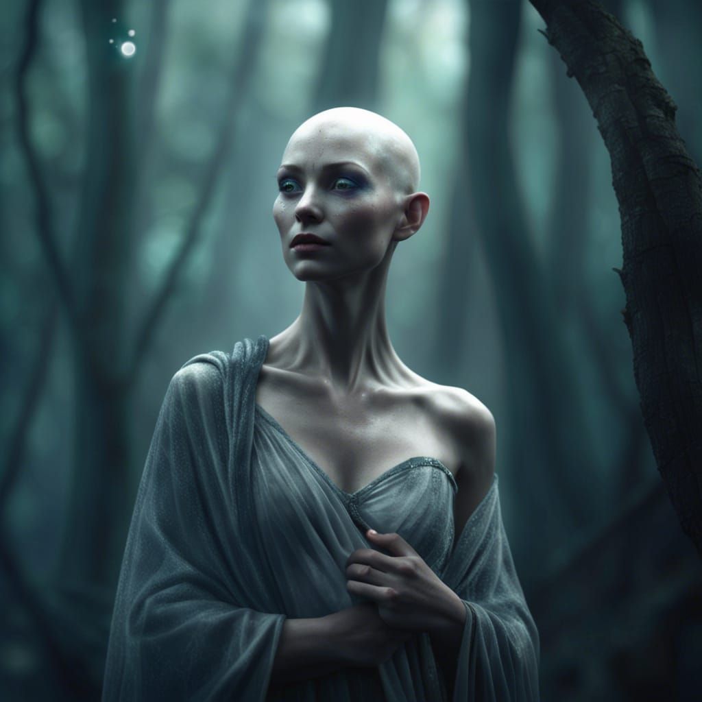 Ethereal Fae Woman in Misty Forest, Digital Painting