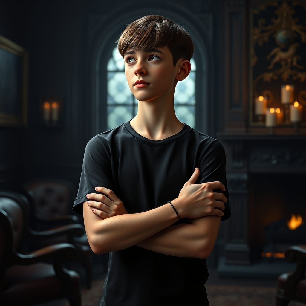 Mischievous Boy in Gothic Room, Photorealistic Style