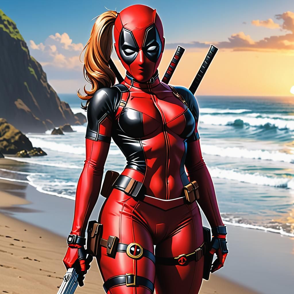 Lady Deadpool on the Beach in Cel-Shaded Anime Style