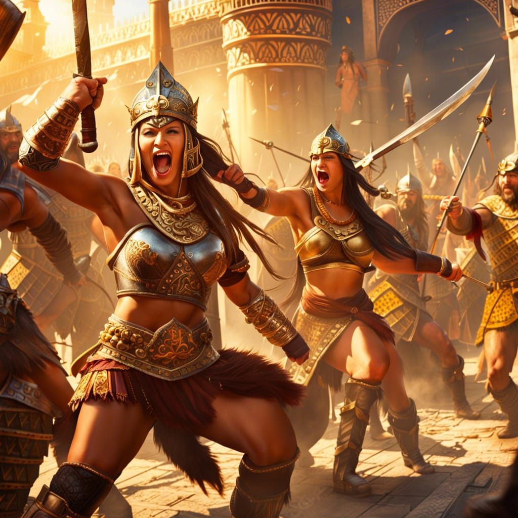 Barbarian Queen and Amazonians Fight Vikings in Temple