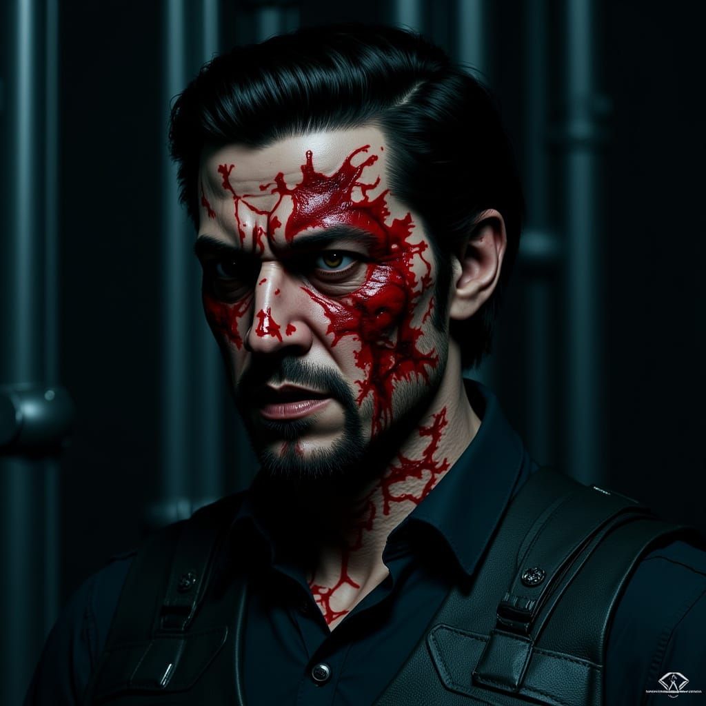 Intense Portrait of a Wounded Man in Industrial Setting