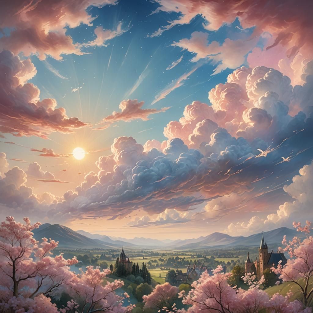 Pastel Sunscape in Fantasy Sky: Matte Painting