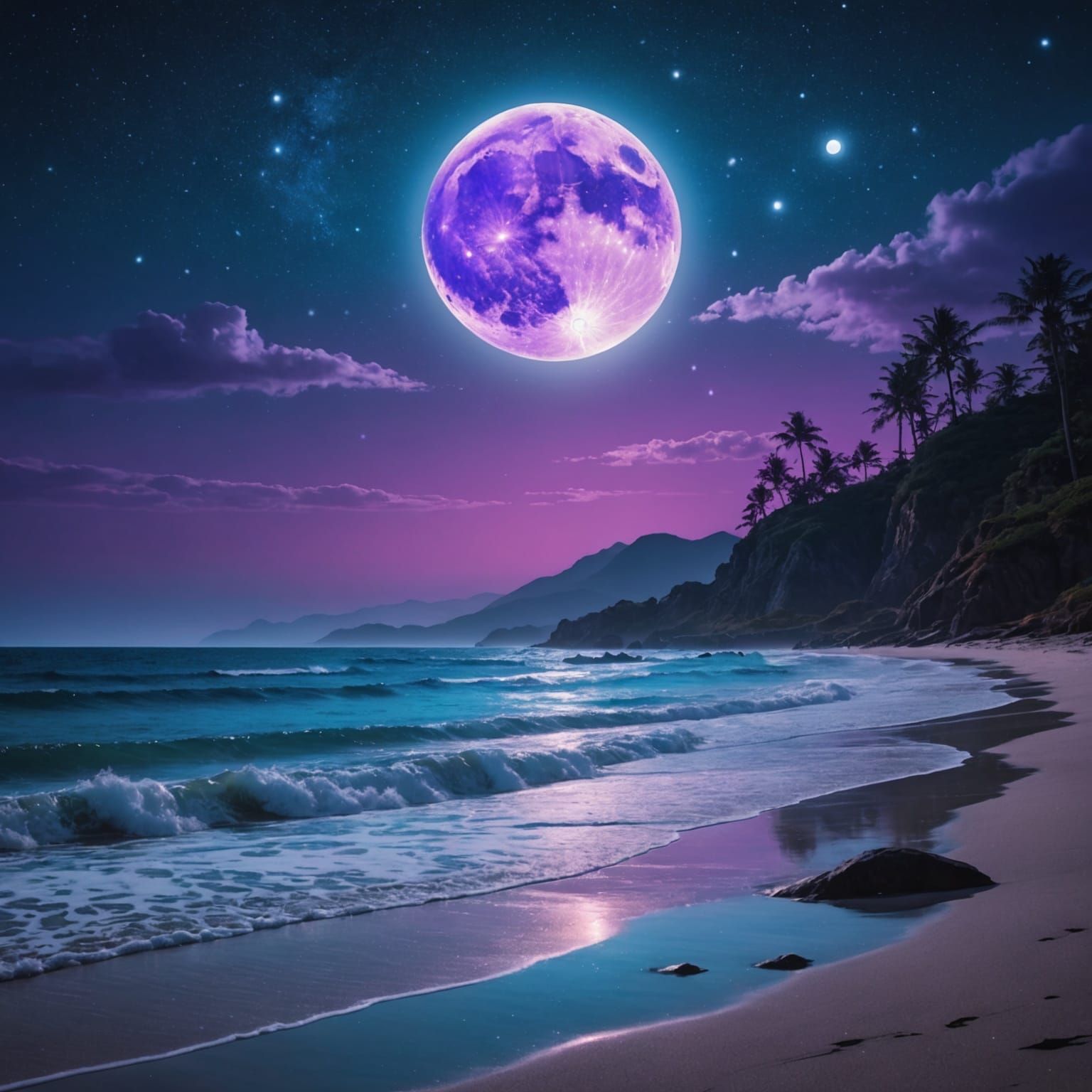 Ethereal Neon Moonlit Beach with Crystal Mountains