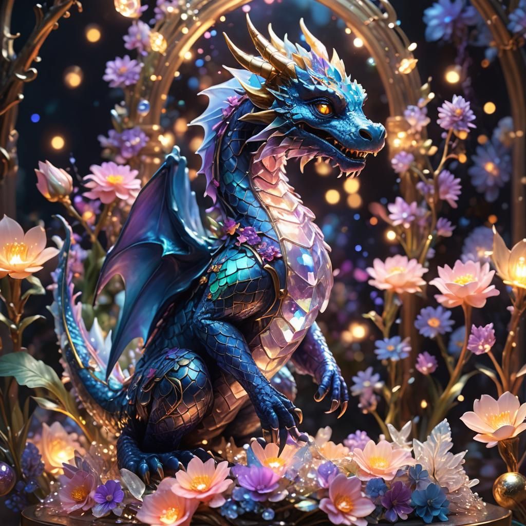 Glass Dragon Statue with Glowing Lights and Crystals