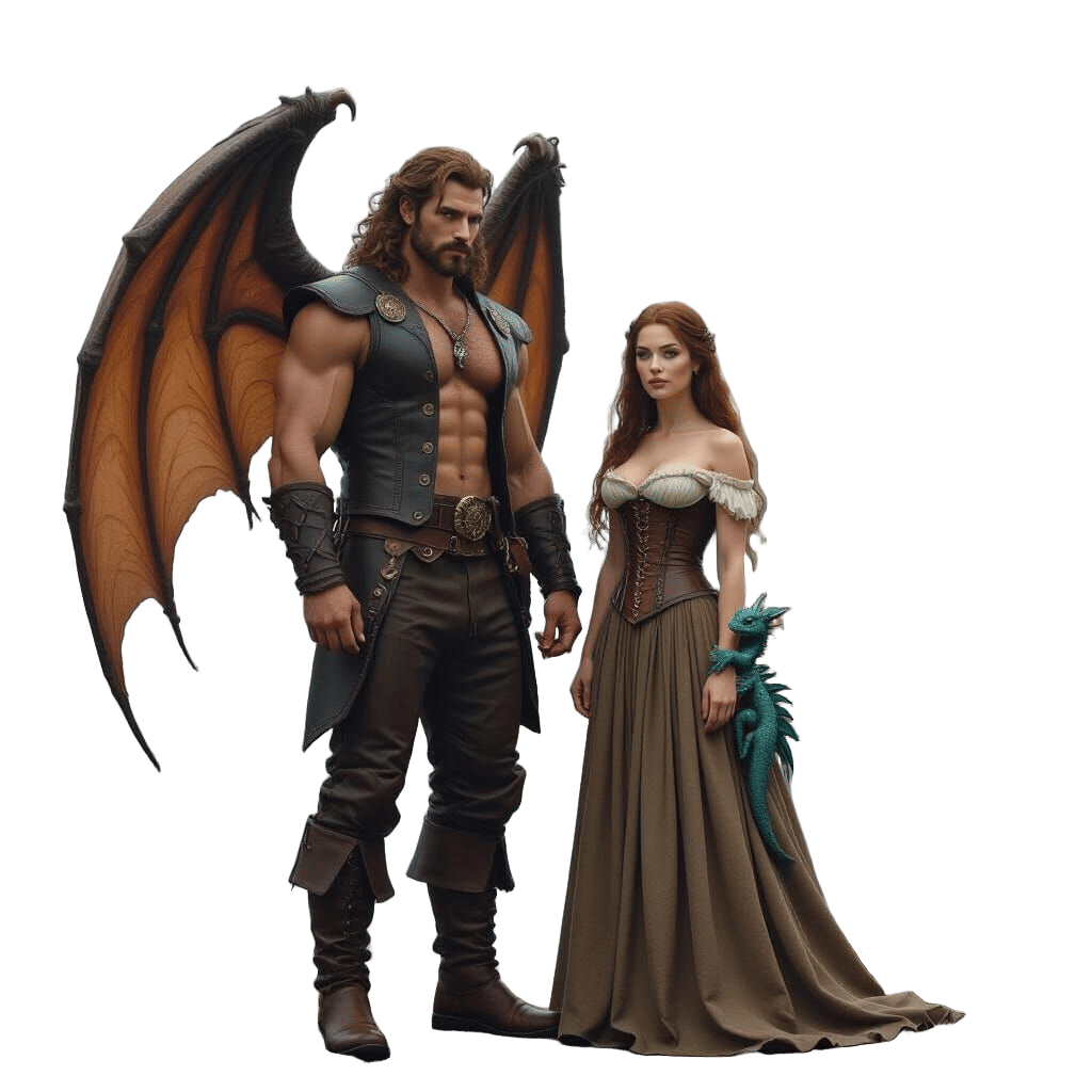 Fantasy Couple with Dragon Before Ancient Castle