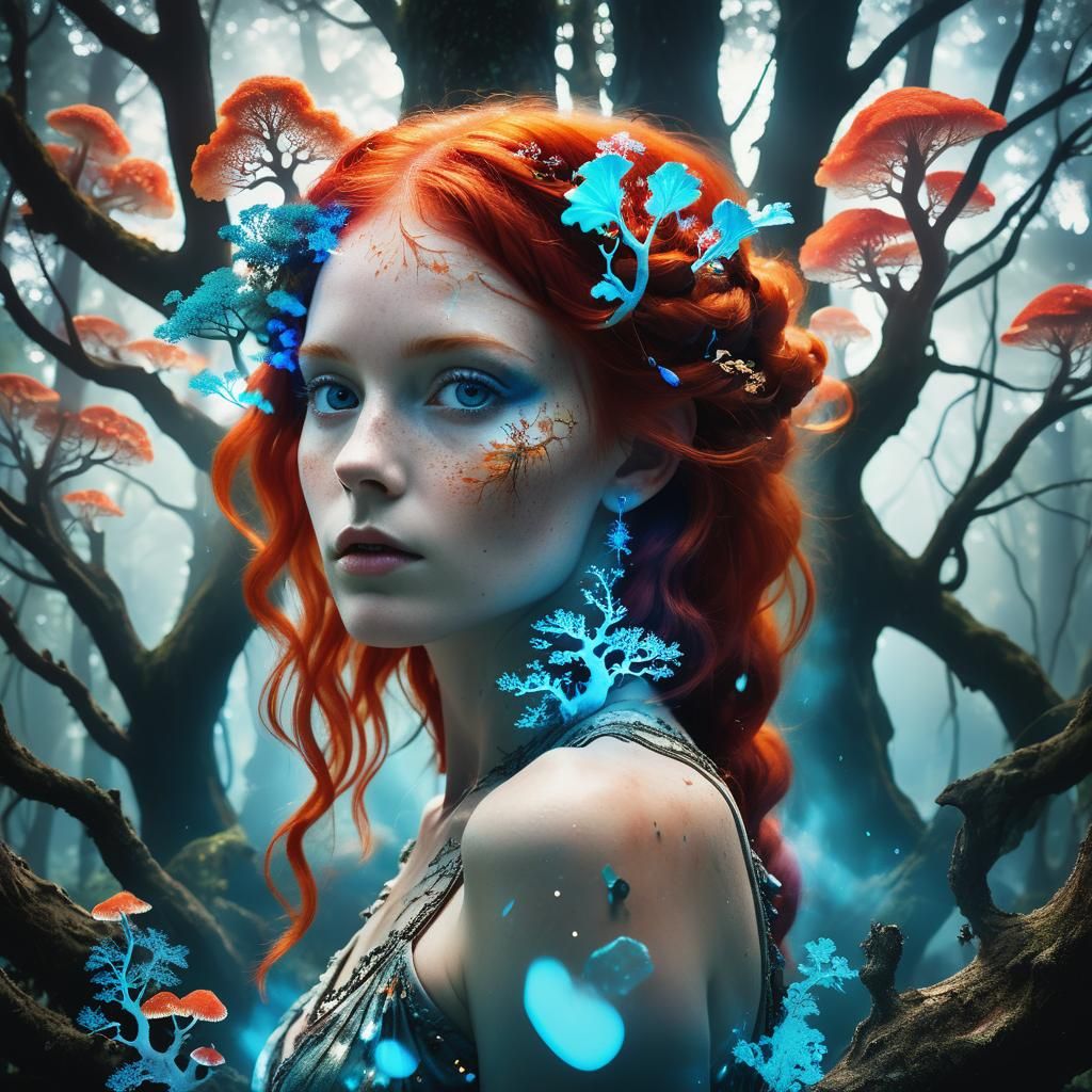 Mythical Woman Double Exposure in Fantasy Realism Style