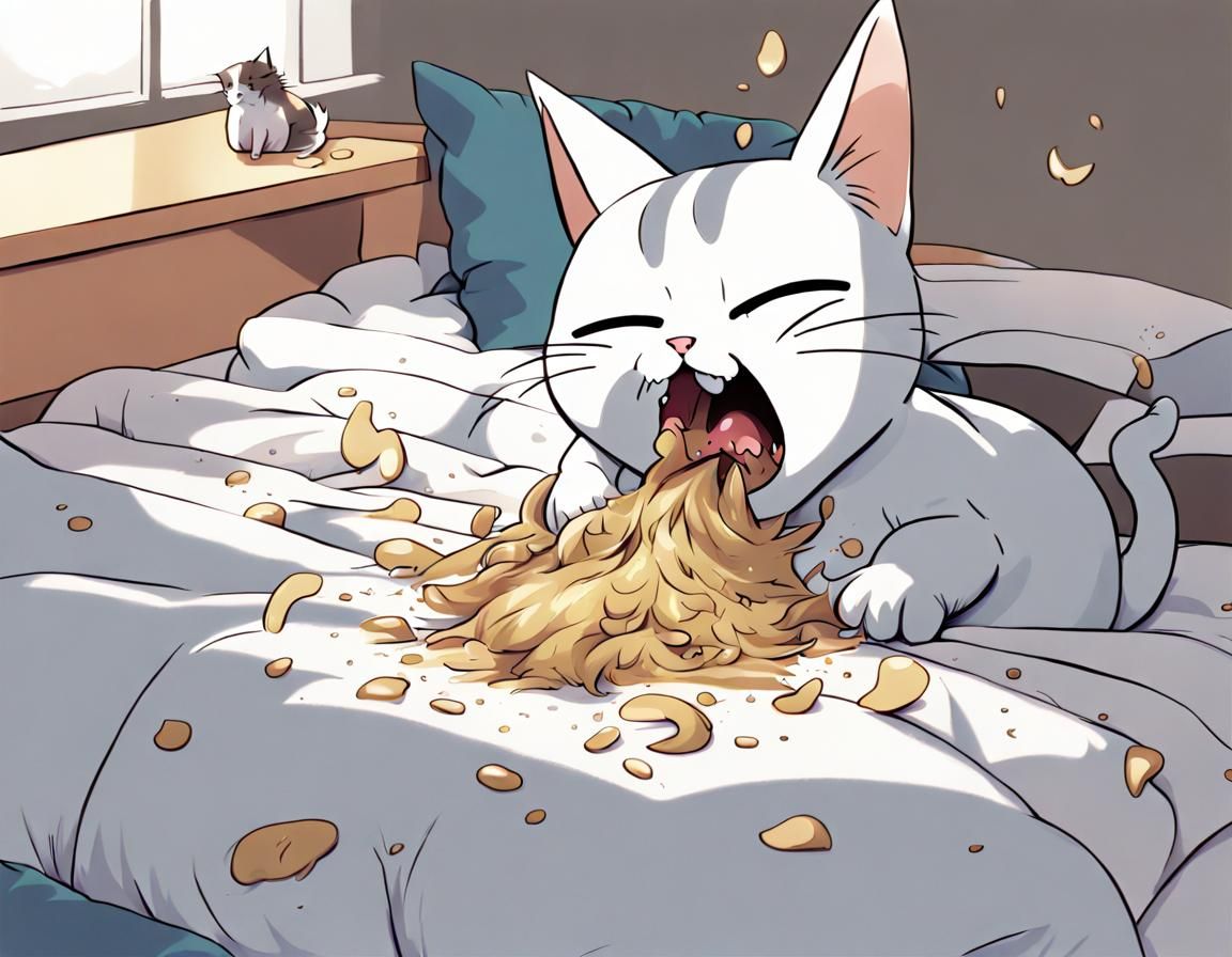 Anime Style Cat Puking on Bed