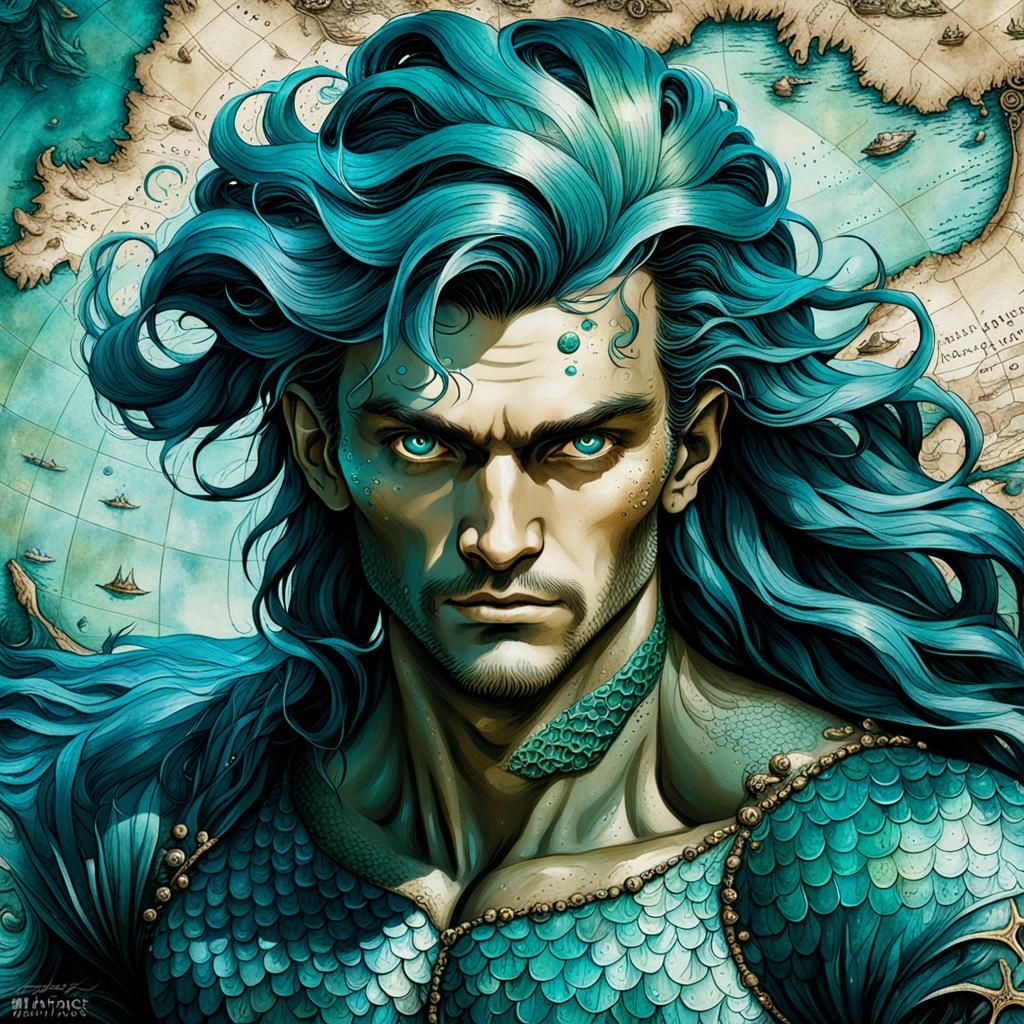 Mermaid Man of Atlantis in Vibrant Teal, Fantasy Portrait on...
