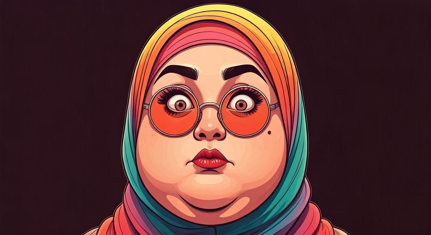 Anime-Style Caricature of a Vibrant Woman with Rainbow Hijab...