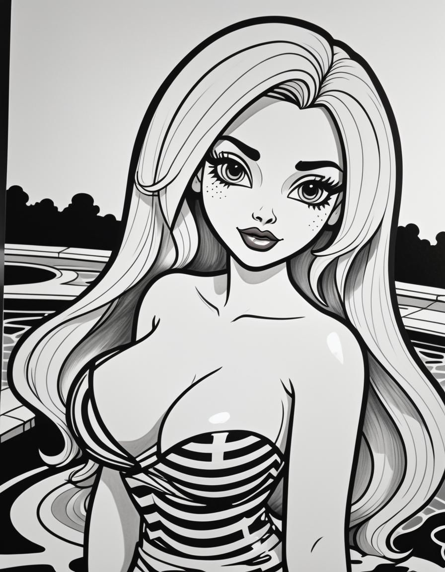 Bratz Doll at Pool in Line Art Style