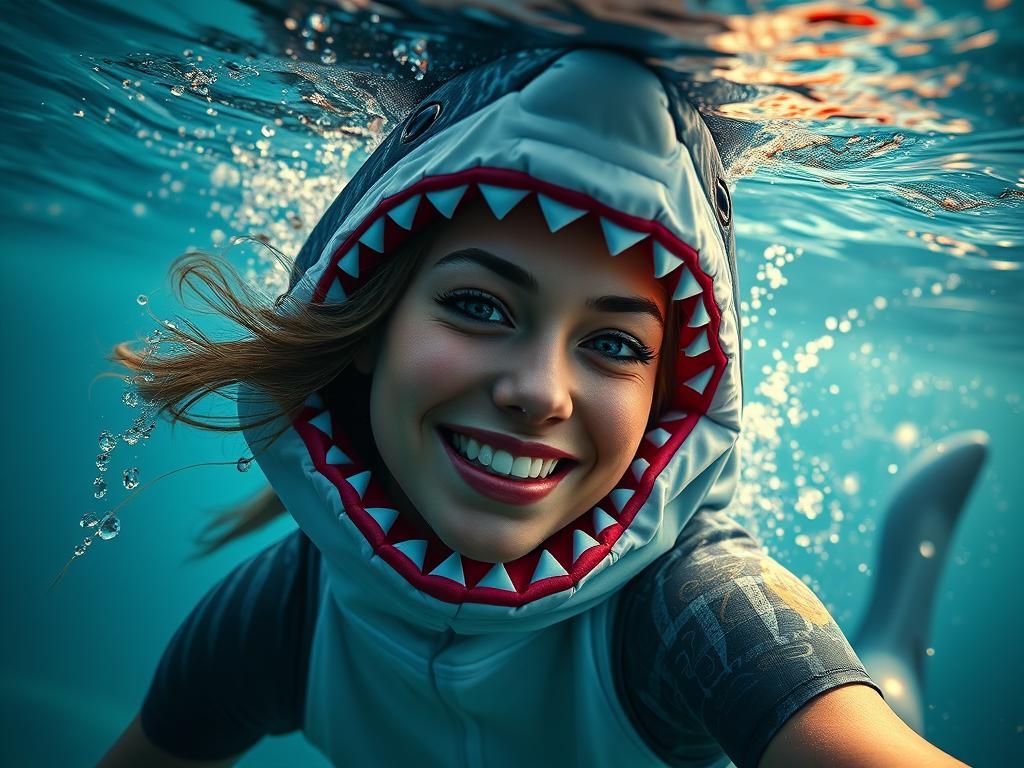 Woman in Shark Costume: Hyperdetailed Underwater Portrait
