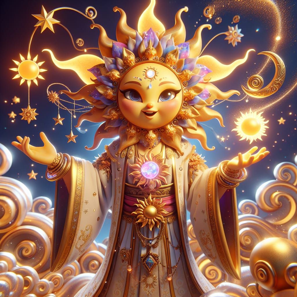 Whimsical Sun God Character in Animated Cartoon Style