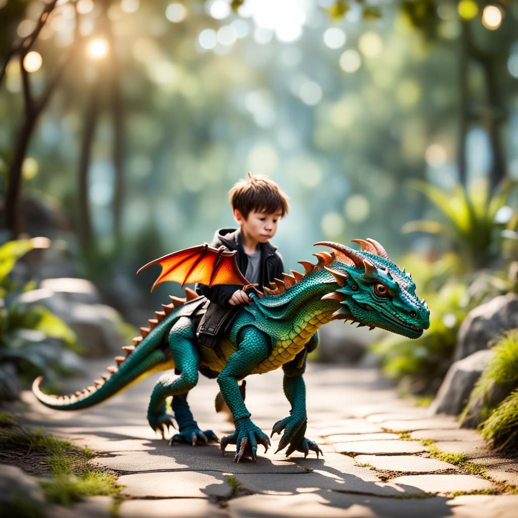 Boy Walking with His Faithful Dragon Companion