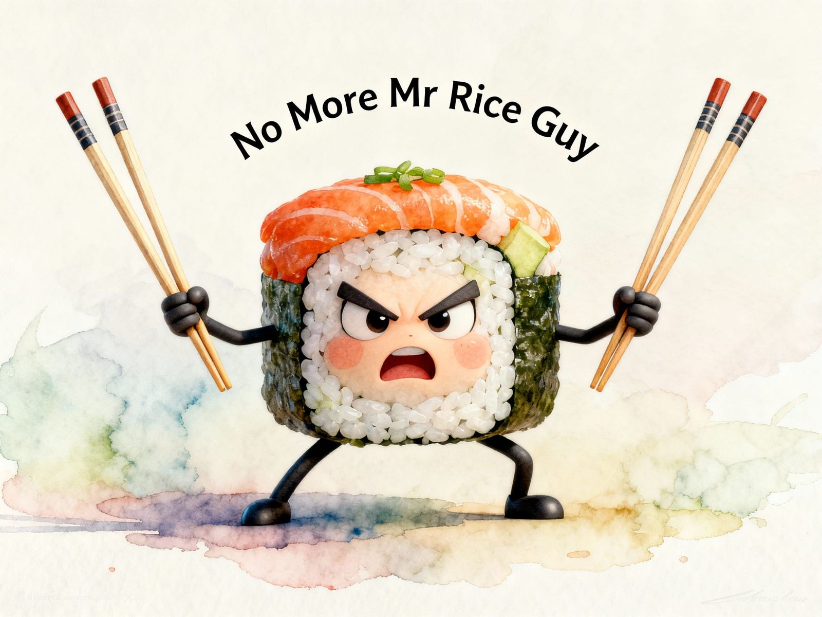Angry Sushi Roll in Fighting Stance Watercolor Art