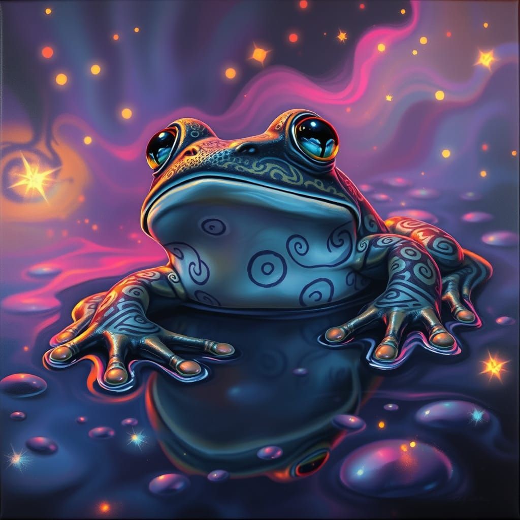 Surreal Frog in Neon Pond, Fantasy Art
