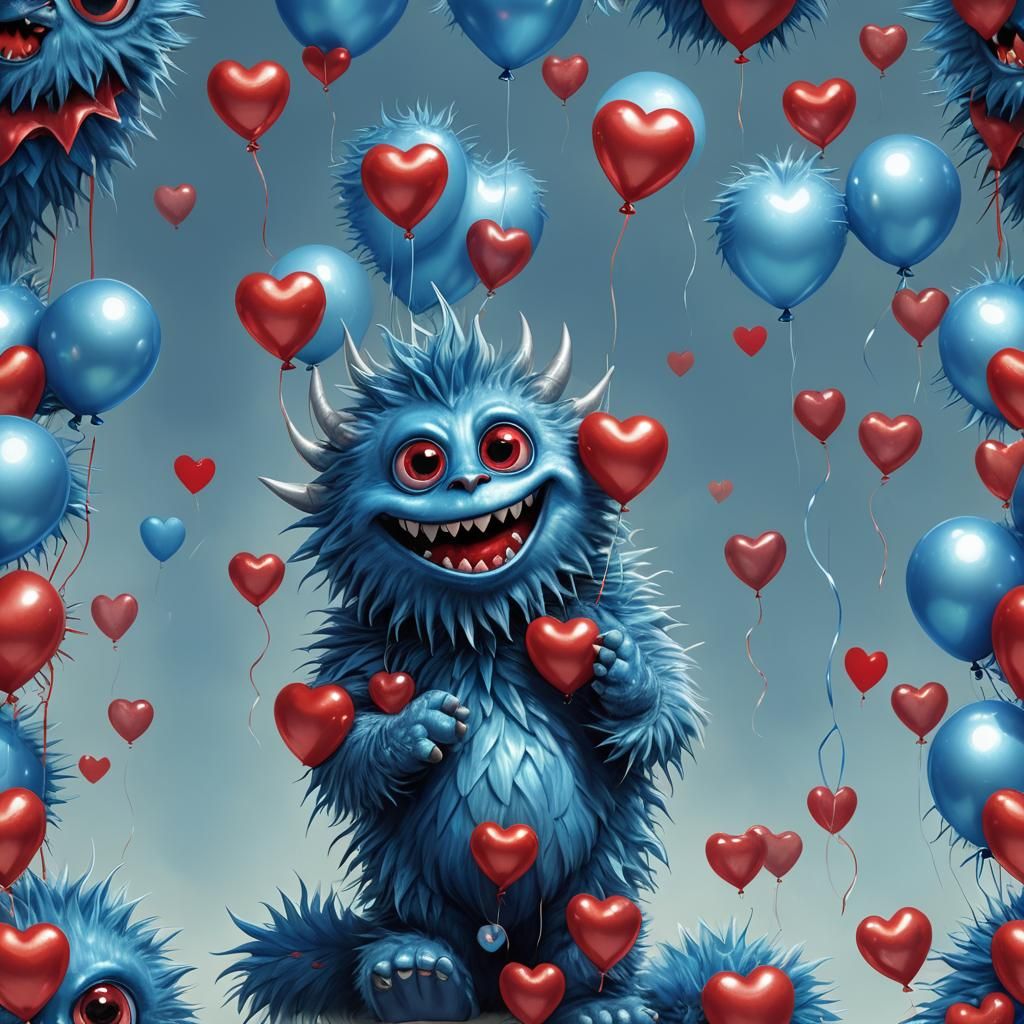 Iridescent Blue Monster with Heart Balloon, Fantasy Art