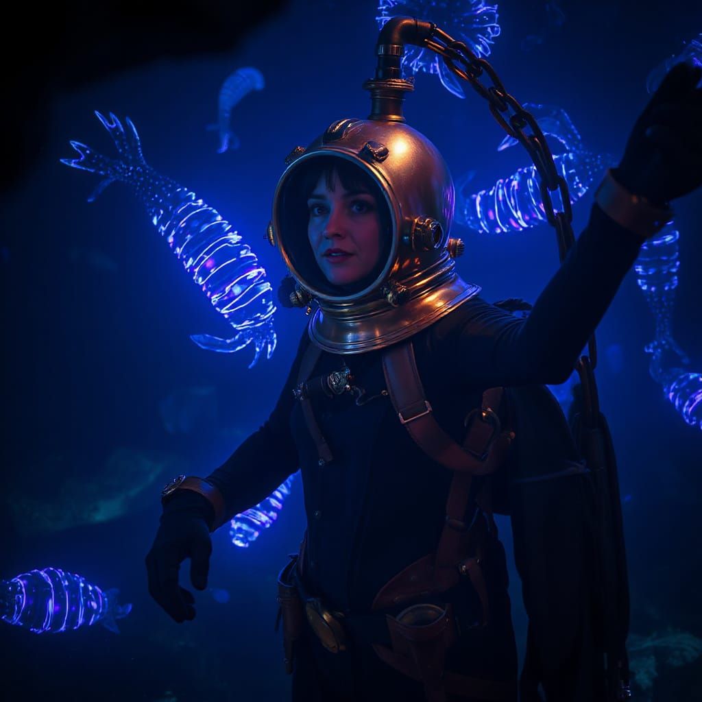 Victorian Diver in Bioluminescent Deep Sea, Surreal Style