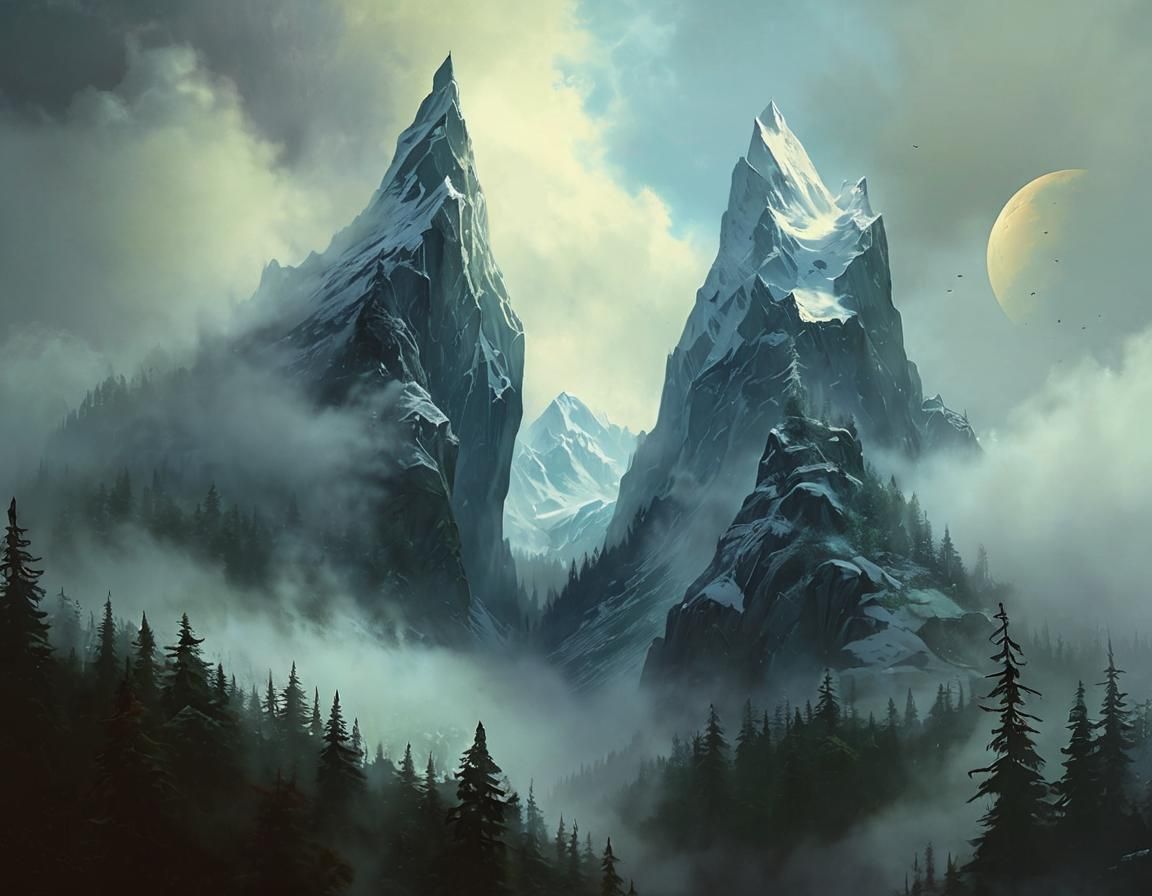Mystical Peaks of Wolfenvald Rise from Dark Evergreen Fog