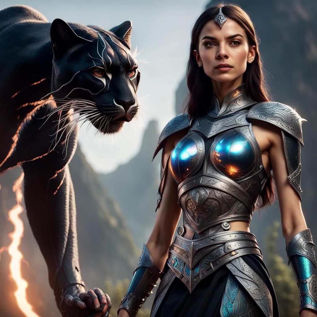 Armored Warrior Woman with Spectral Dragon Hologram