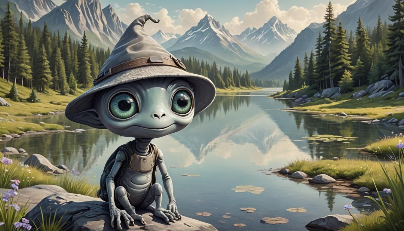 Adorable Grey Alien with Hat in Keane Style