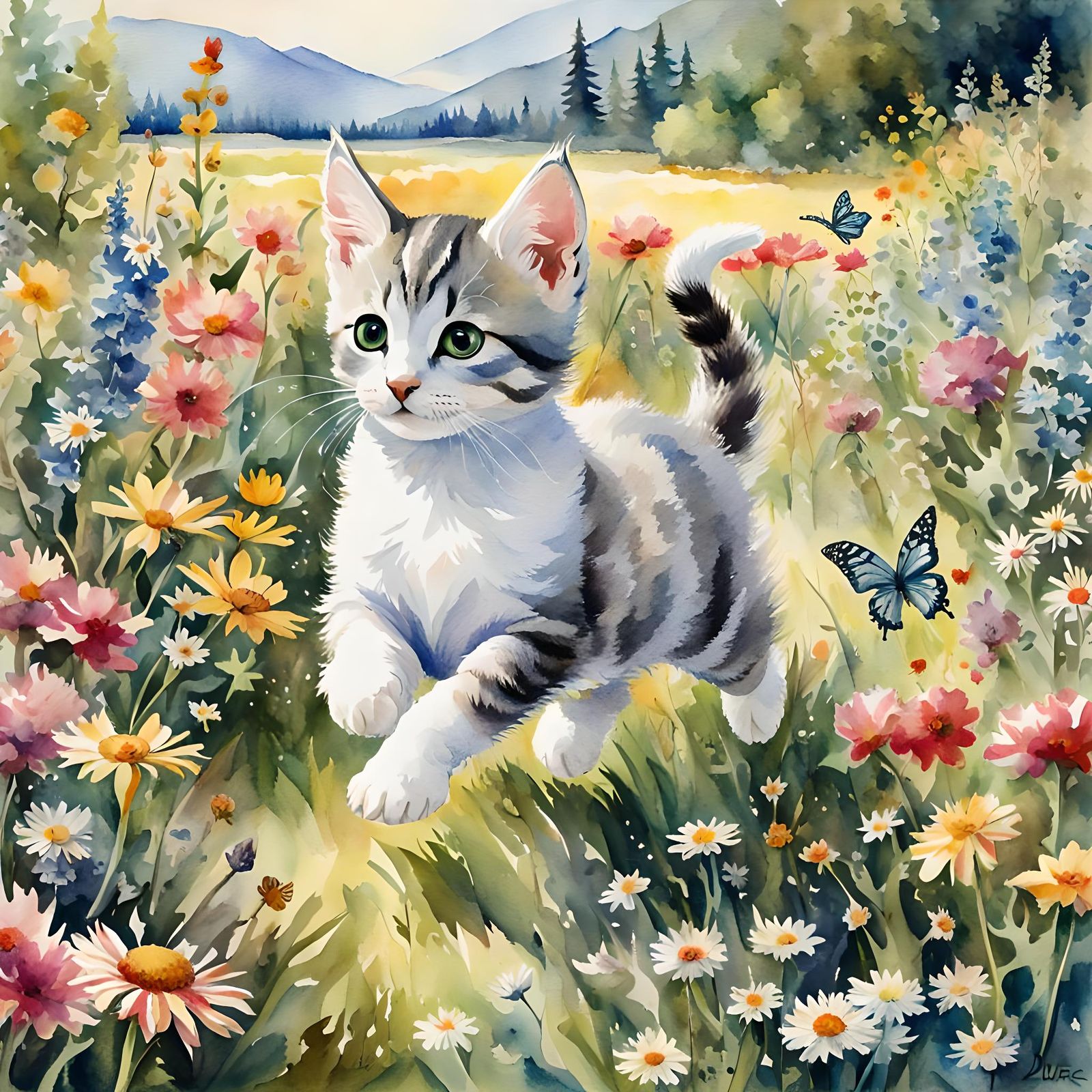 Tabby Kitten's Watercolor Meadow Run