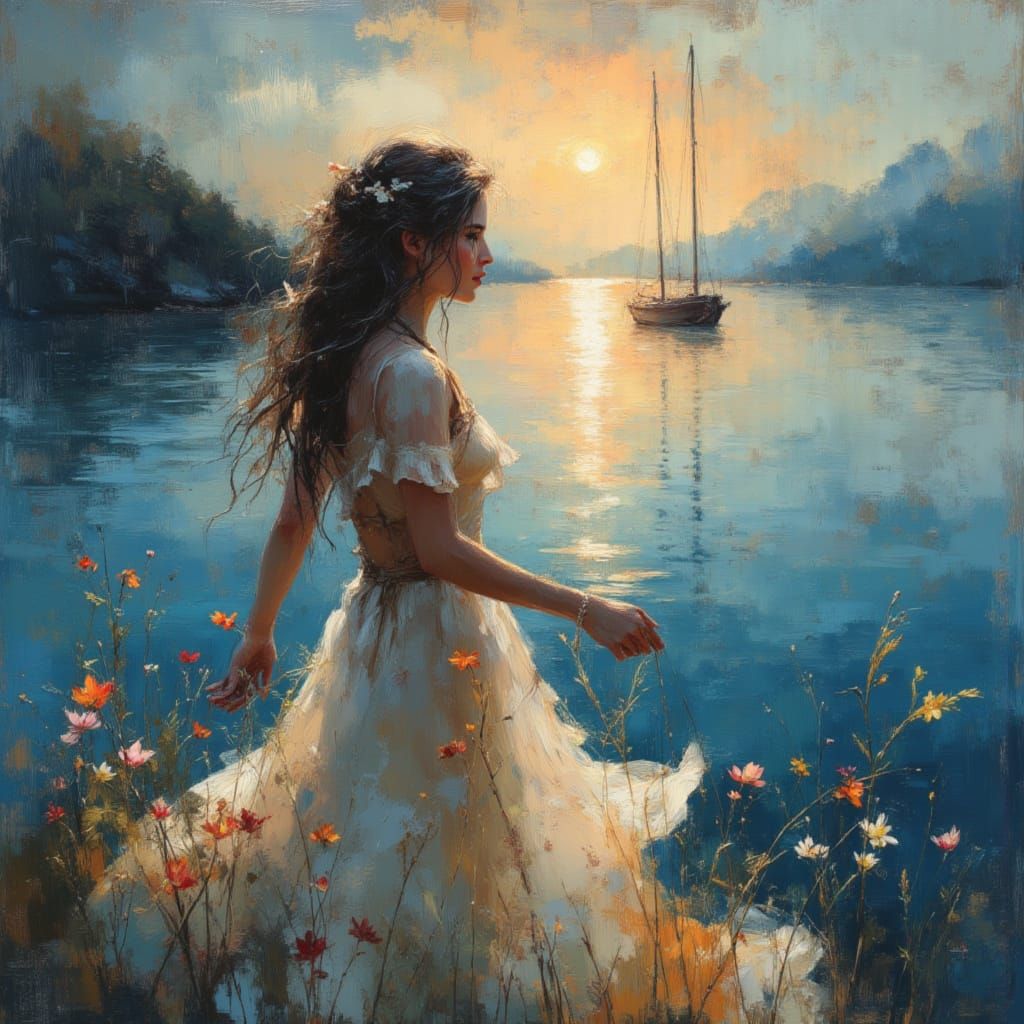 Woman on Sailboat at Dawn in Watercolor Style