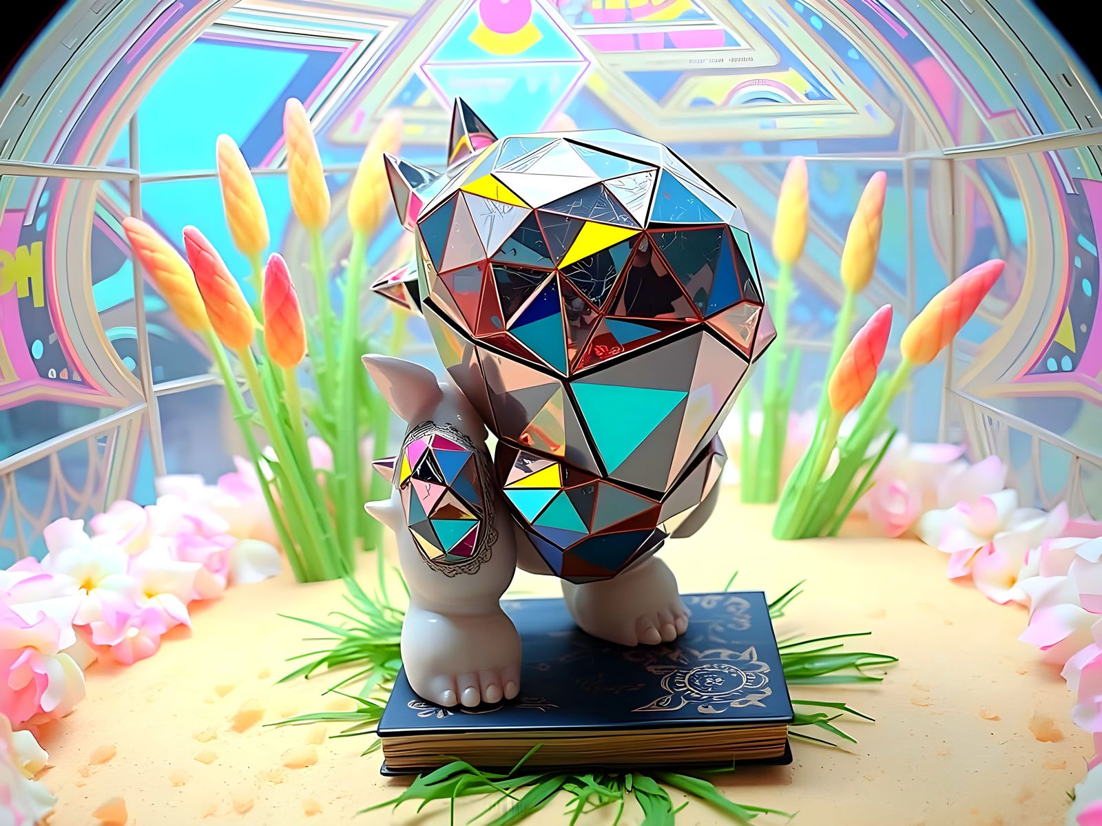 Hyper-Kawaii Crystal Being in a Glitch Art Landscape