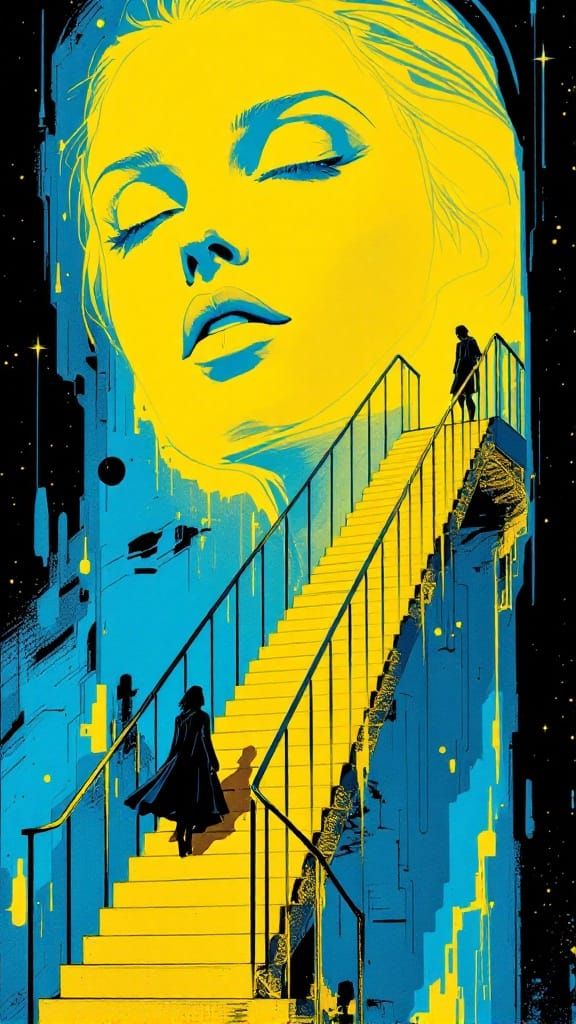 Surreal Staircase Ascension in Bold Pop-Art Style