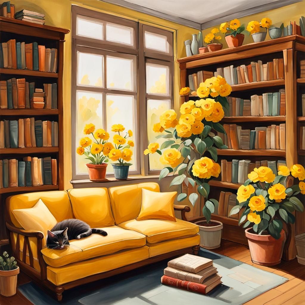 Cozy Home Interior with Cat and Books, Gouache Style