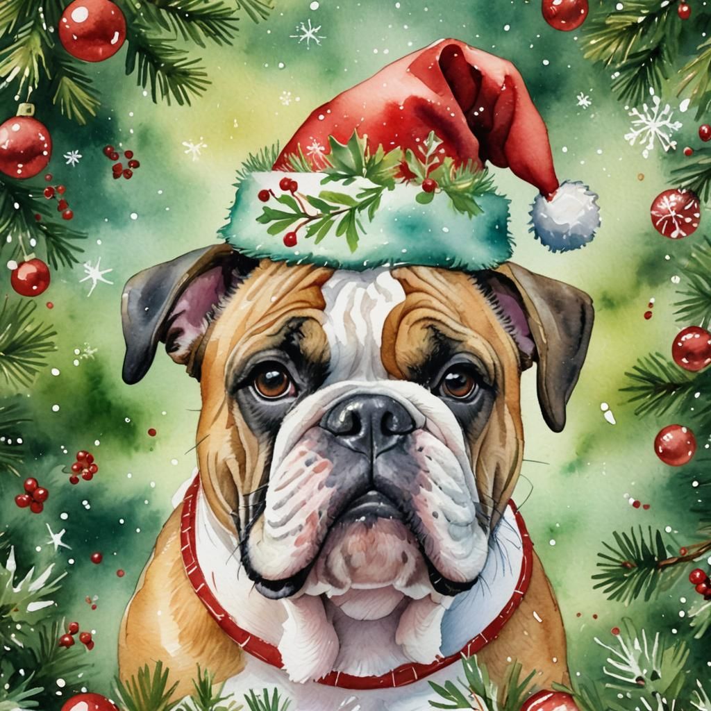 Festive Bulldog in Santa Hat: Watercolor Christmas Portrait
