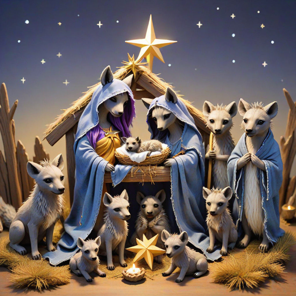 Surreal Furry Nativity Scene Amidst Starry Night