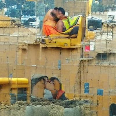 Intimate Embrace in Construction Zone