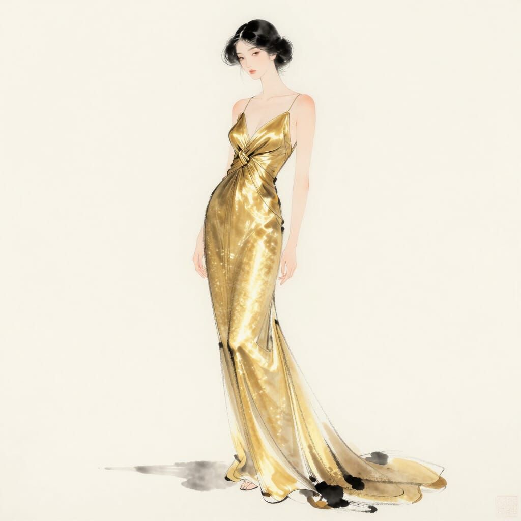 Woman in Flowing Gold Gown with Minimalist Japanese Ink Wash...