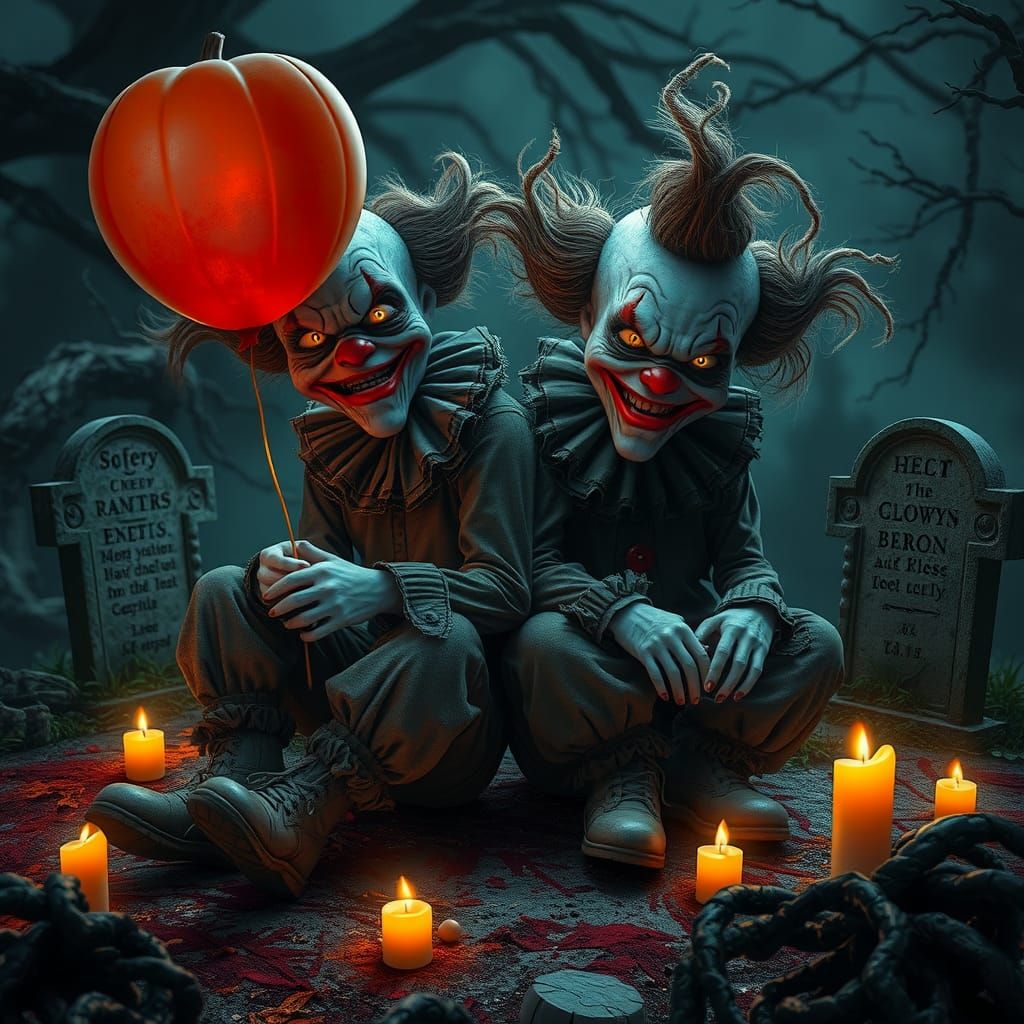 Unsettling Gyaru Clowns in Graveyard, Gothic Aesthetic