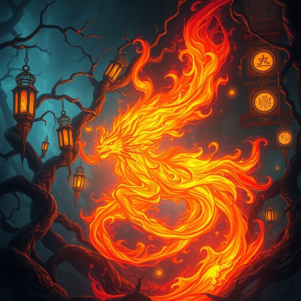 Mystical Fire Sprite Erupts in Dreamscape Realm