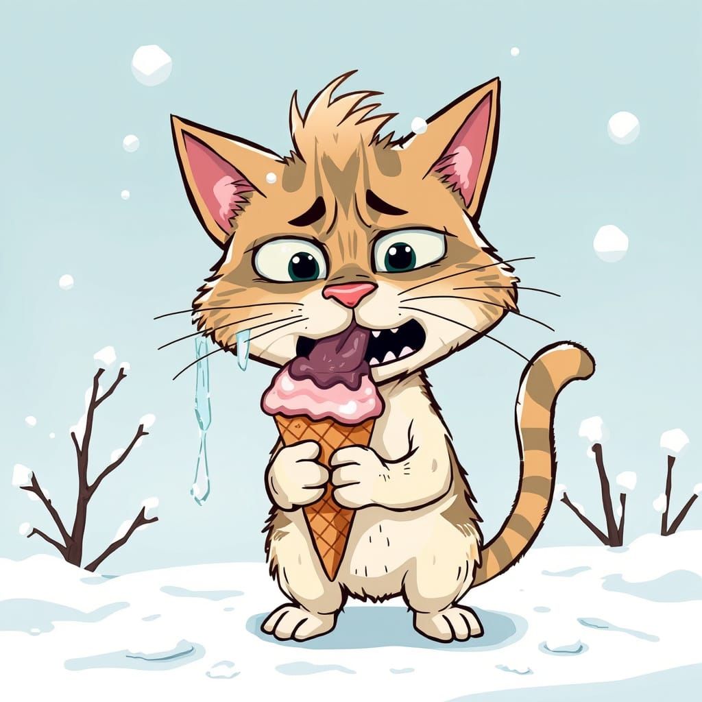 Whimsical Cat Battles Brain Freeze in Frosty Wonderland