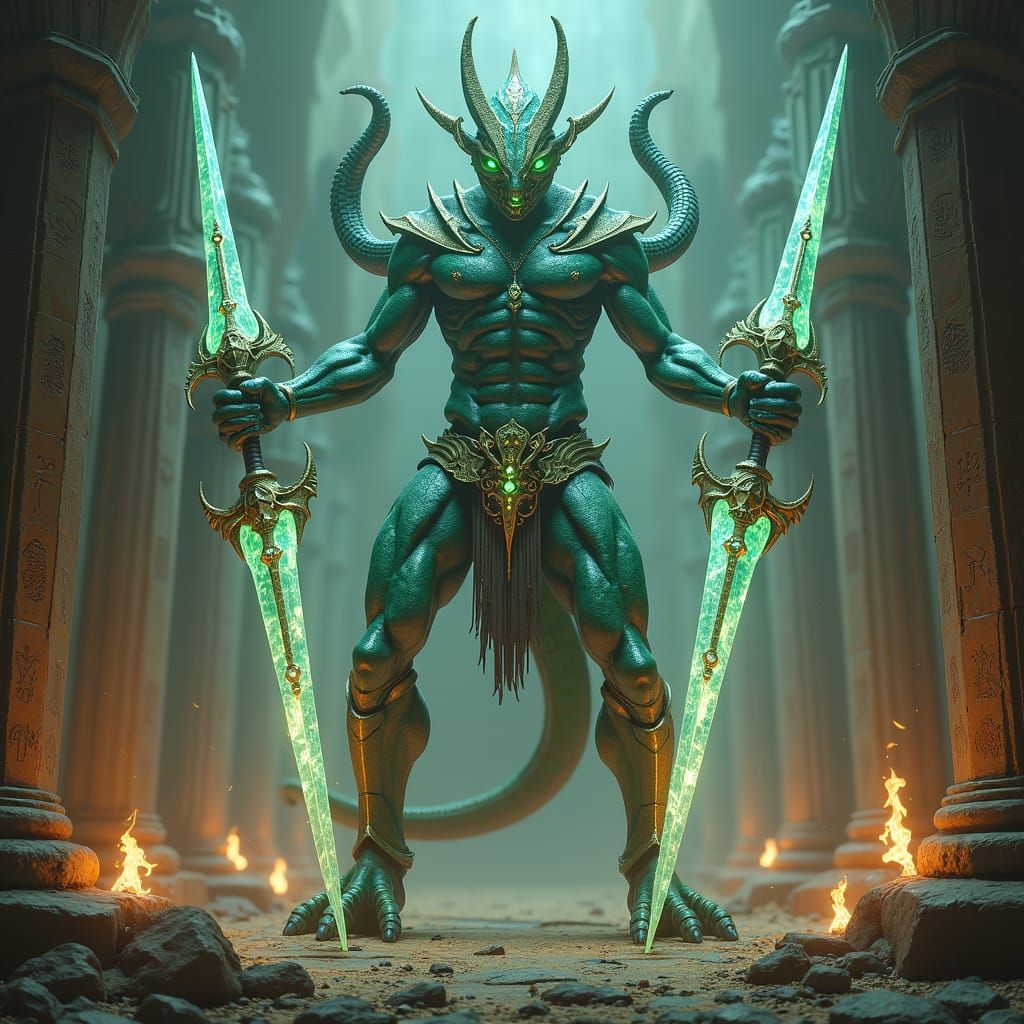 Serpentine Warrior in Ancient Ruins: Fantasy Art