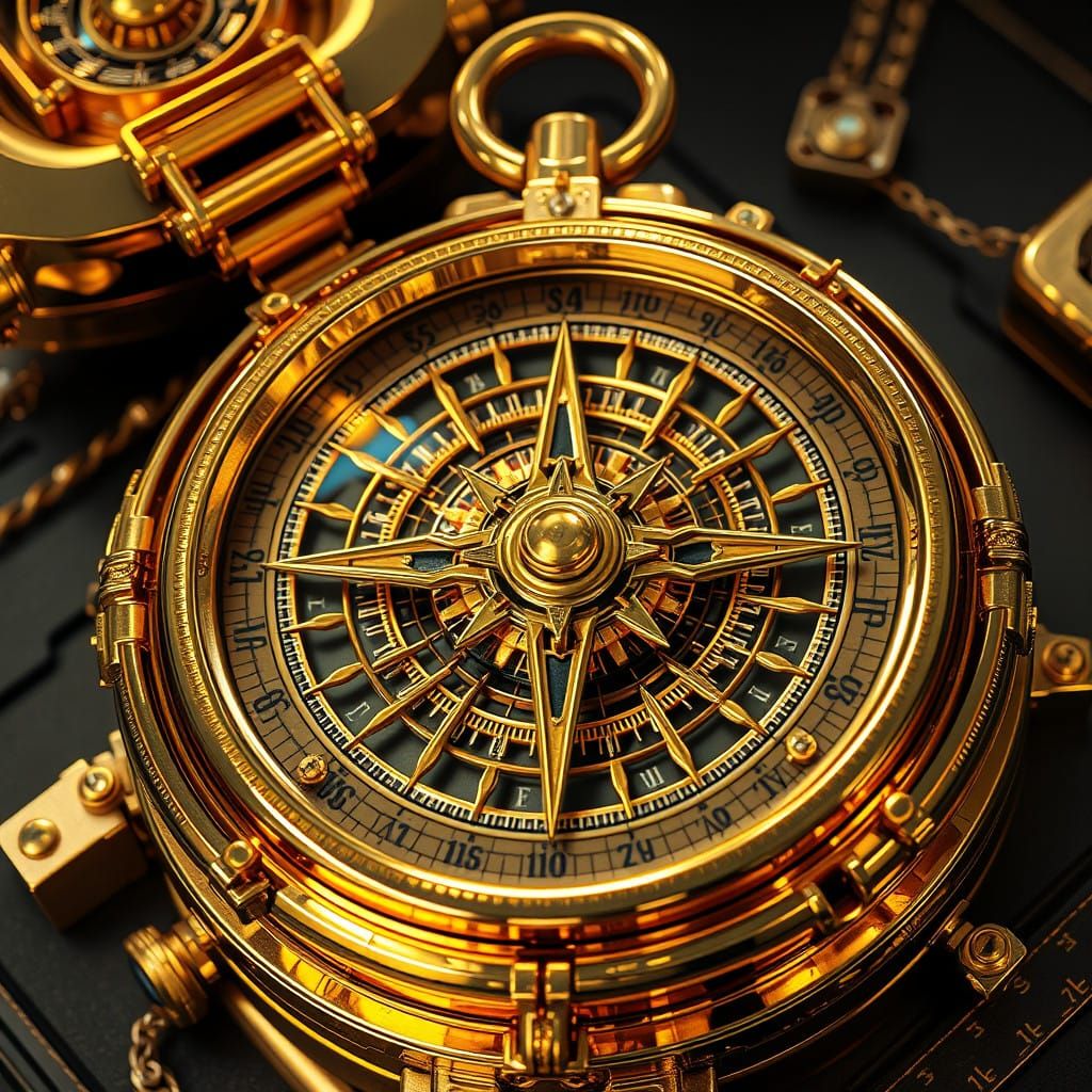 Golden Sci-Fi Compass in Steampunk Style with Hyperrealistic...