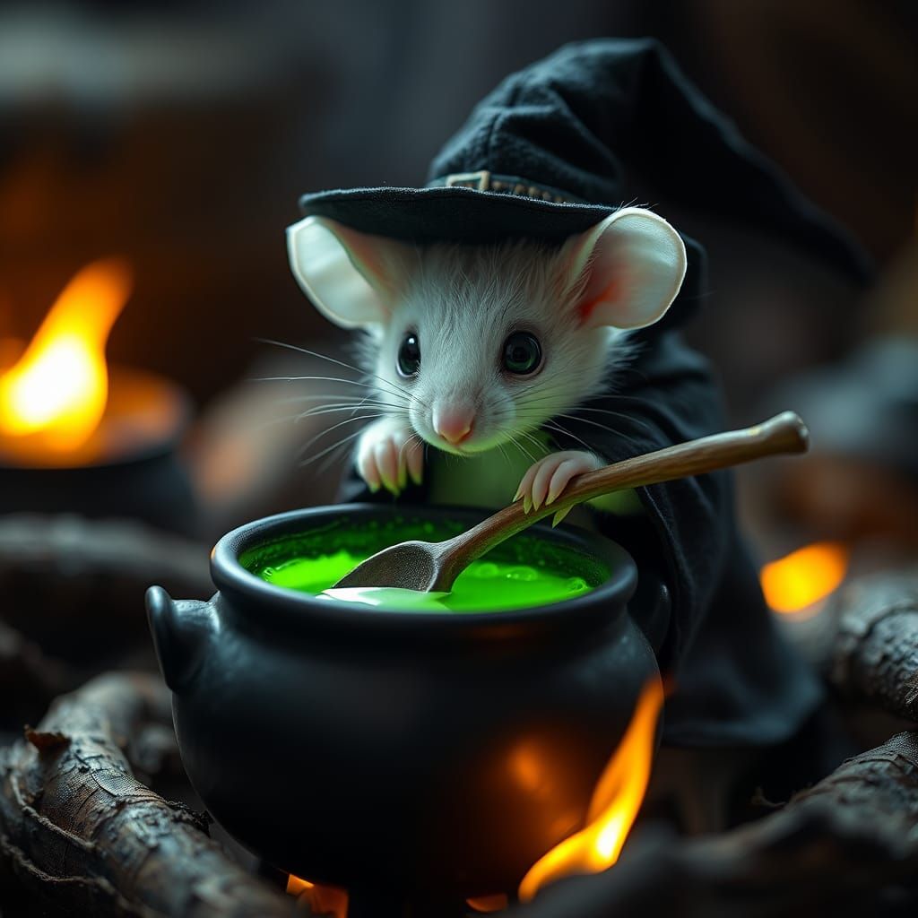 White Mouse Witch Stirring Potion Cauldron