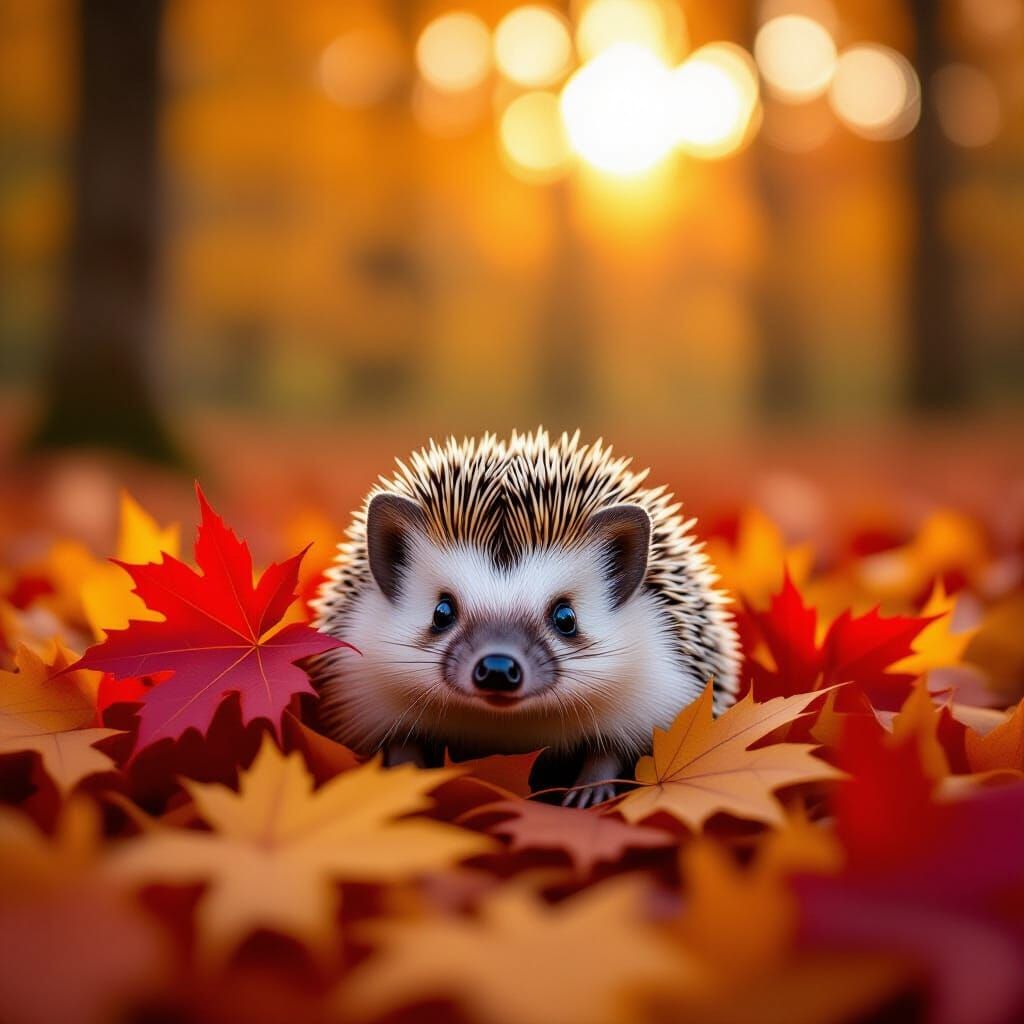 Cute Hedgehog Peeking From Autumn Leaves in Forest