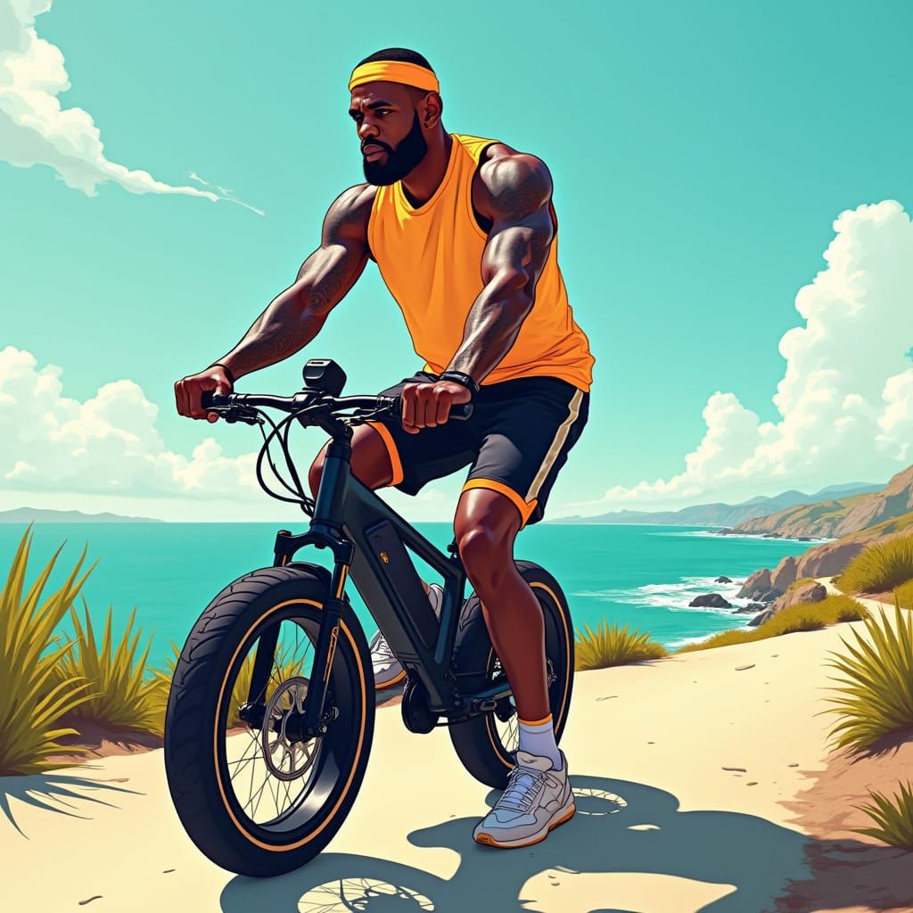Lebron James Rides Electric Bike in Stylized Coastal Scene