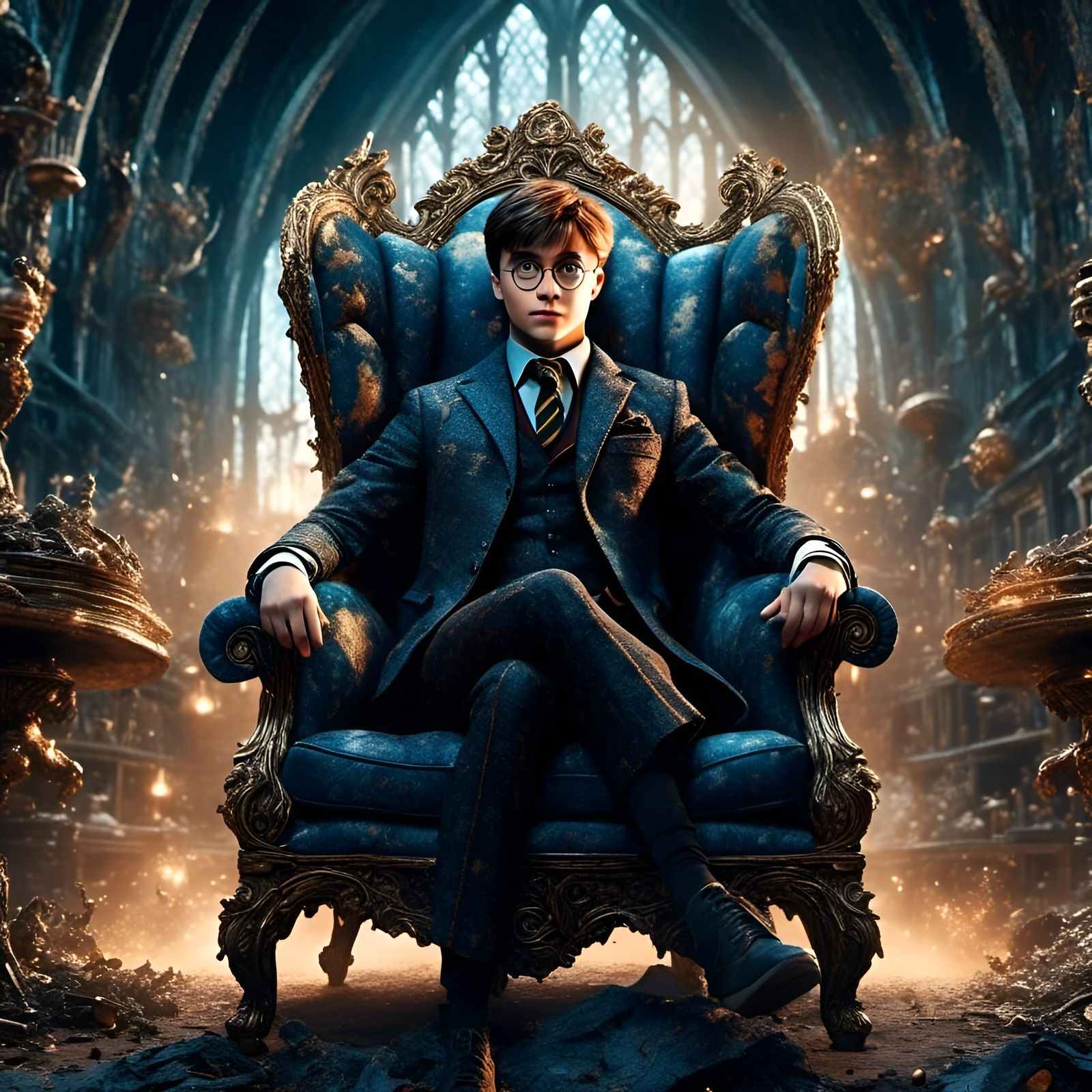 Photorealistic Harry Potter in Gothic Hogwarts Room