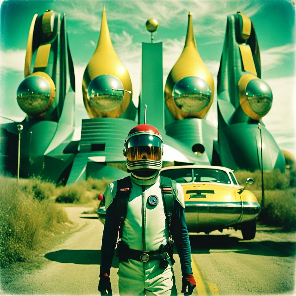 Retrofuturistic Hero on Roadtrip in 90's Style