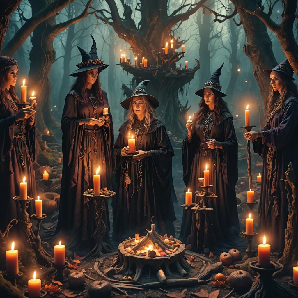 Mystical Witches Coven in Forest: Fantasy Illustration