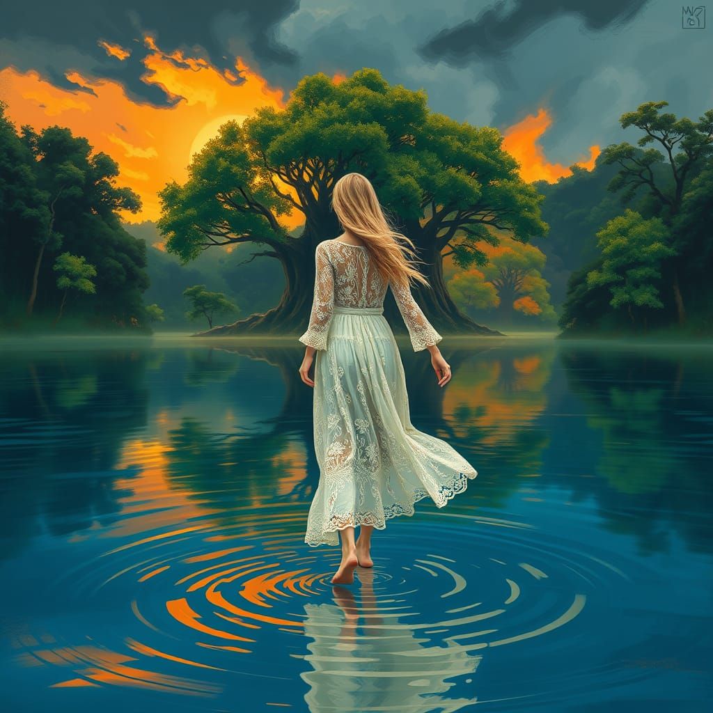 Whimsical Amazon Wood Diorama at Sunset with Bohemian Woman