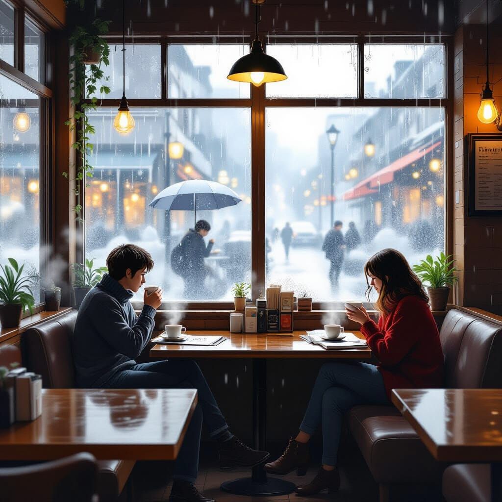 Cozy Rainy Day Cafe Scene in Cinematic Style