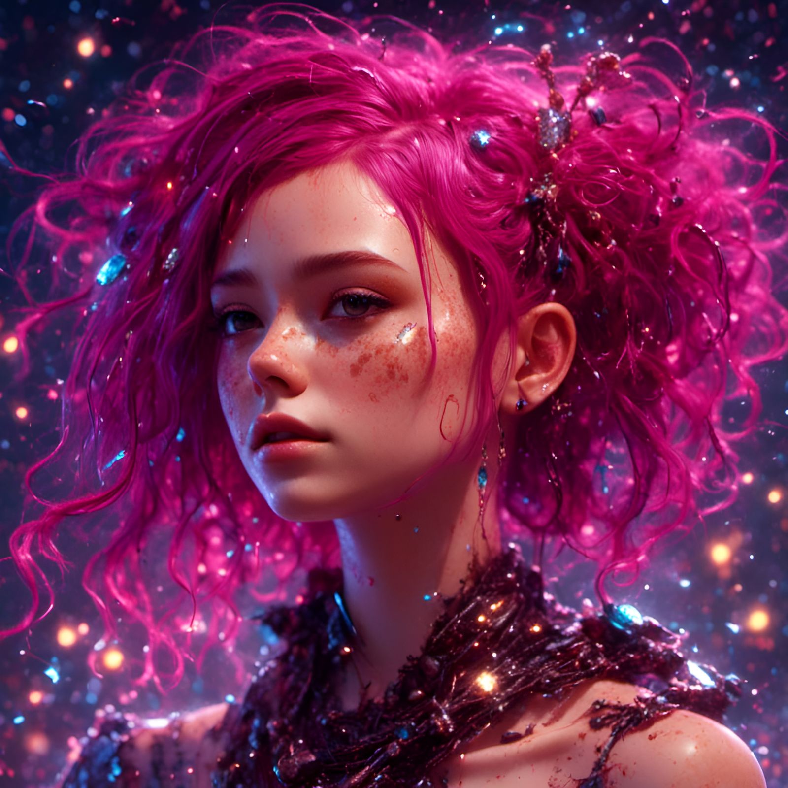 Magenta Haired Woman: Detailed 3D Digital Art