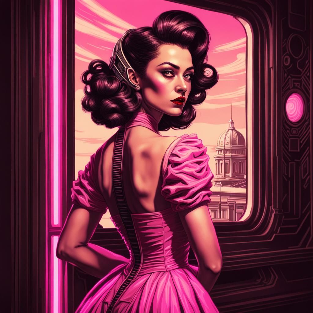 Brunette Pinup in Cassette Futurism Style
