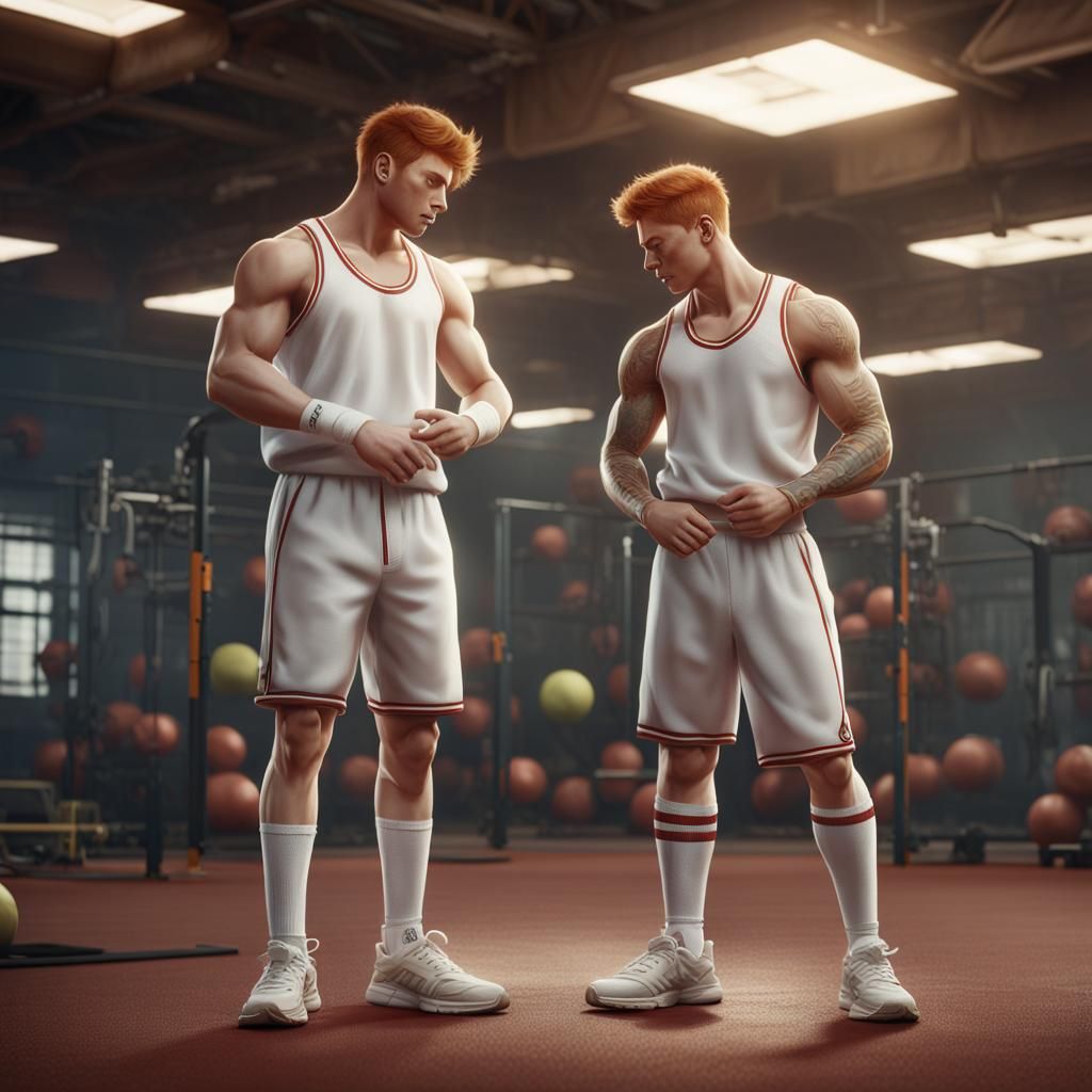 Athletic Men Hugging in Gym, Detailed Matte Painting